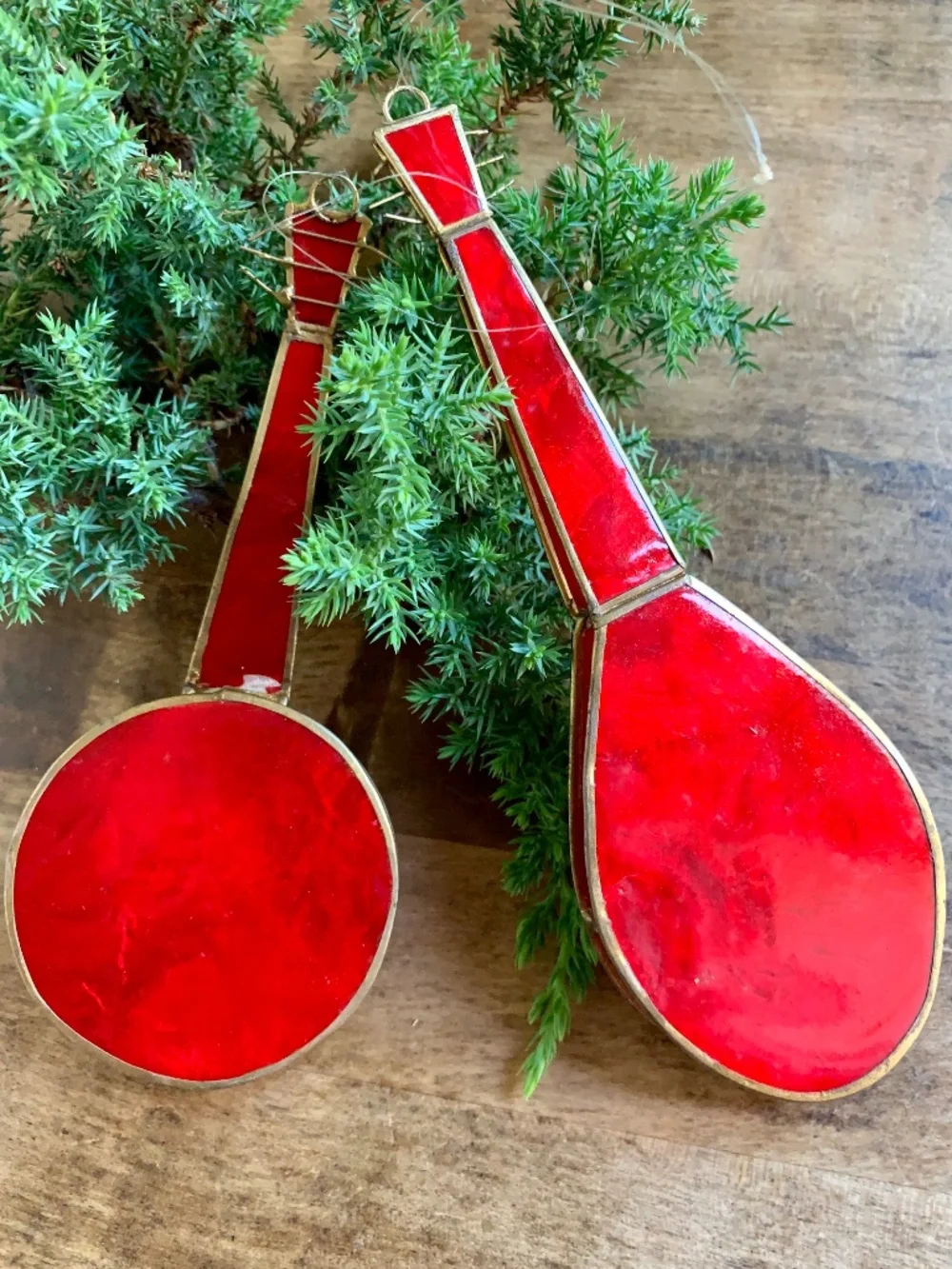 Vintage Capiz Shell Musical Instrument Ornaments – Set of 2 – Red & Gold